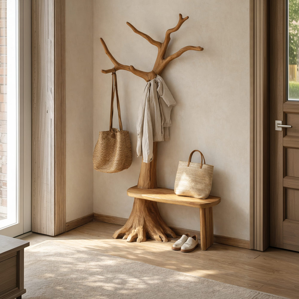Rustic Tree Coat Stand Bench Entryway Interior Signature Furniture, solid wood, built to order