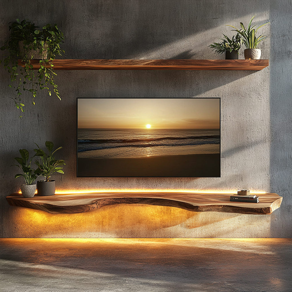 Illuminated Solid Floating TV Shelf Living Room Interior, solid wood, built to order
