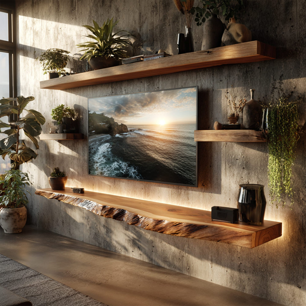 Artistic Live Edge Floating TV Shelf Living Room Interior Signature Furniture, solid wood, built to order