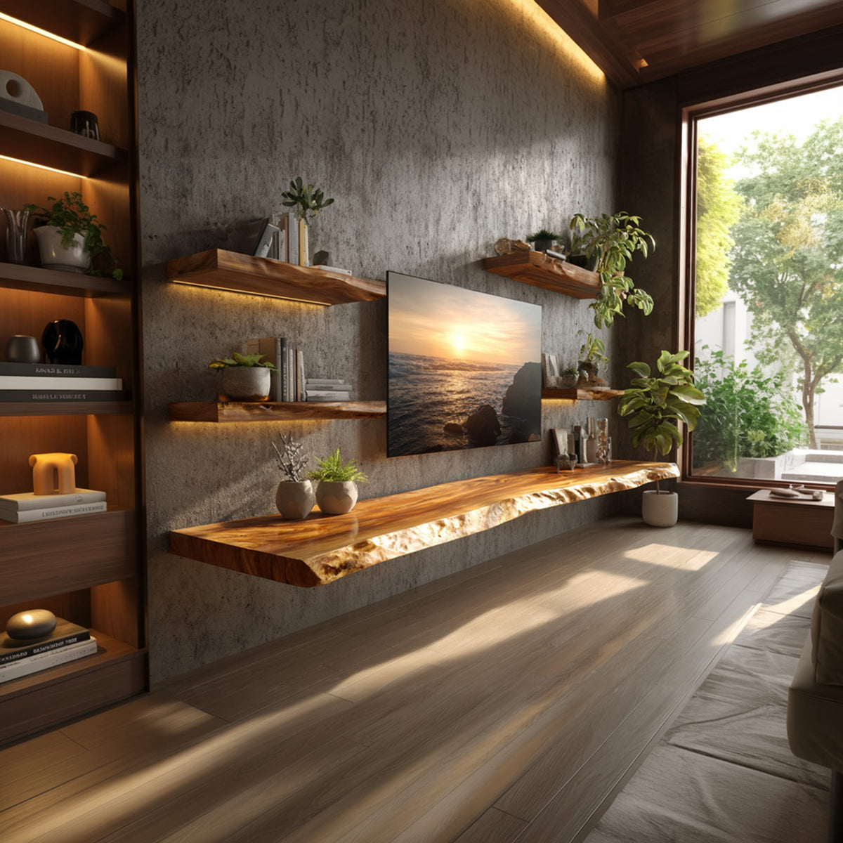 Rustic Live Edge Floating TV Shelf Living Room Interior Signature Furniture, solid wood, built to order