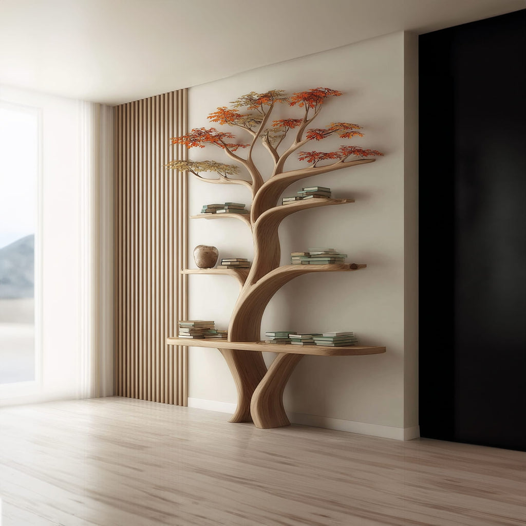 Midcentury Tree Wall Shelf Study Room, solid wood, built to order