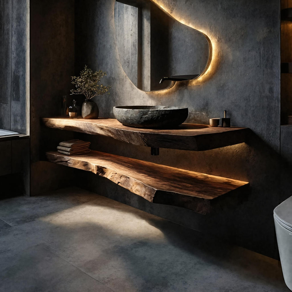 Rustic Bathroom Vanity Floating Live Edge Counter Shelf, solid wood, built to order