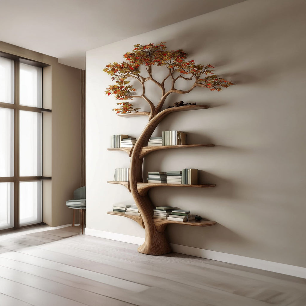 Midcentury Tree Wall Bookcase Study Room, solid wood, built to order