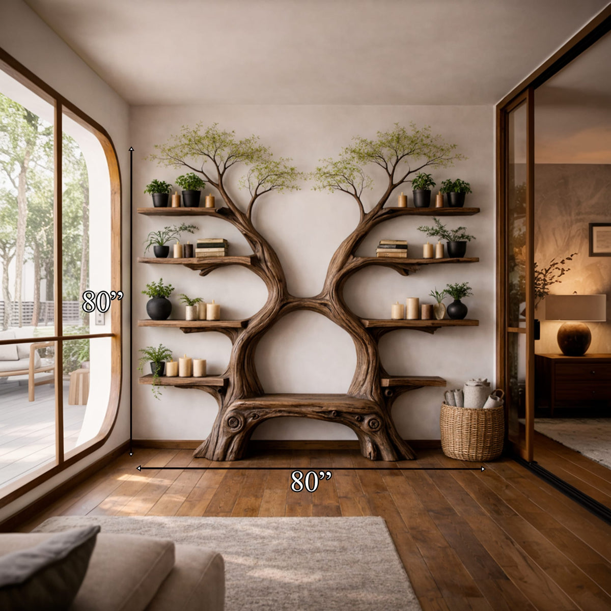 Rustic Twin Tree Bookshelf with Bench Living Room Interior Centerpiece, solid wood, built to order