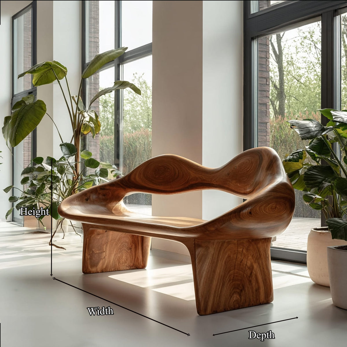 Mid Century Curved Bench Natural Finish Living Room, solid wood, built to order