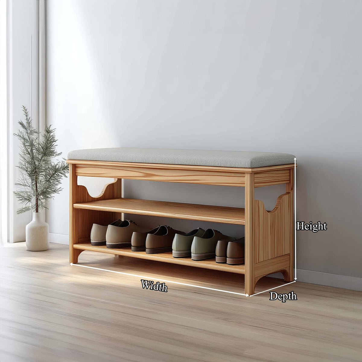 Midcentury Farmhouse Bench Shoe Rack Entryway, solid wood, built to order