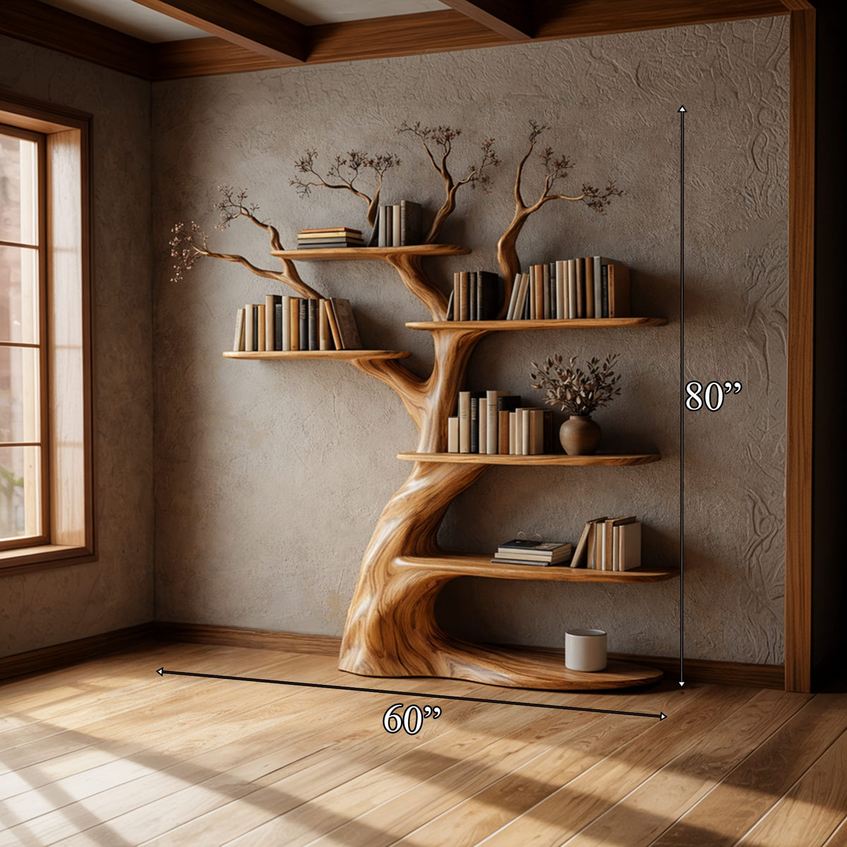 Artisan Tree Inspired Wood Bookshelf, solid wood, built to order