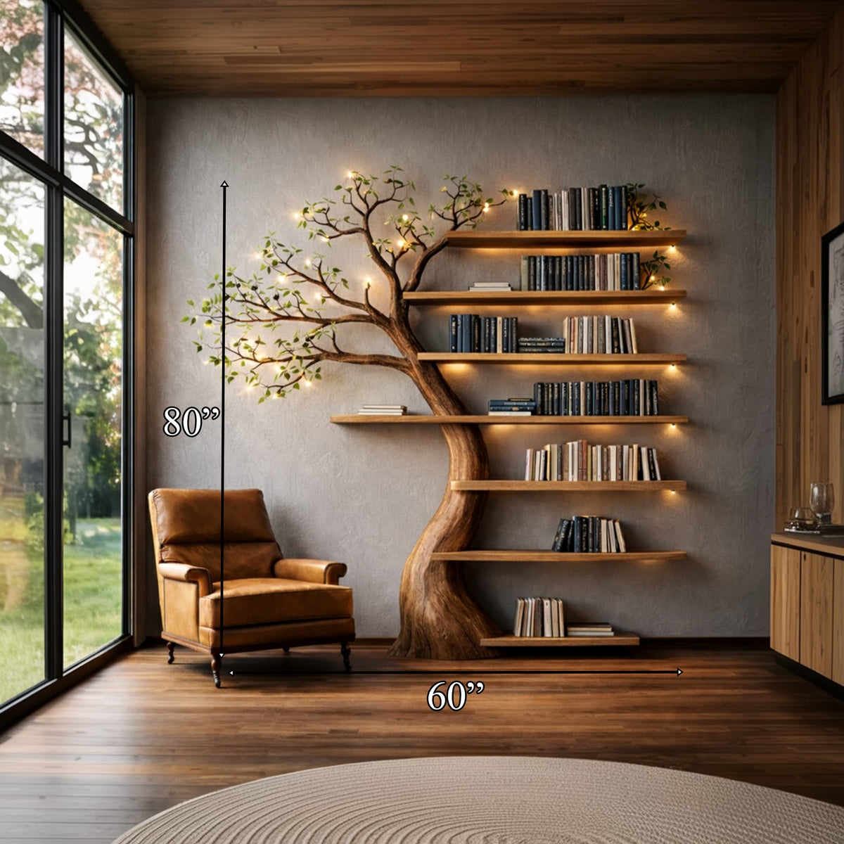 Handcrafted Tree Bookshelf Living Room Interior Sculptural Wall Display, solid wood, built to order