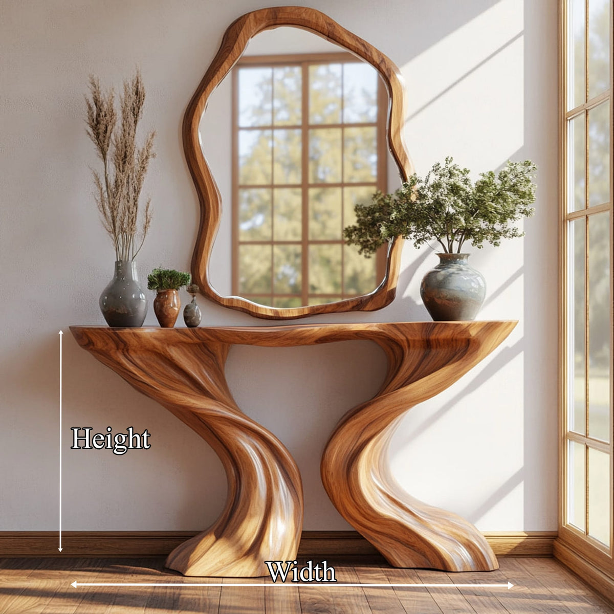 Mid Century Console Table Sculpted Wave Base Living Room, solid wood, built to order