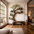 Rustic Tree Bookshelf Living Room Interior Signature Curved Design, solid wood, built to order