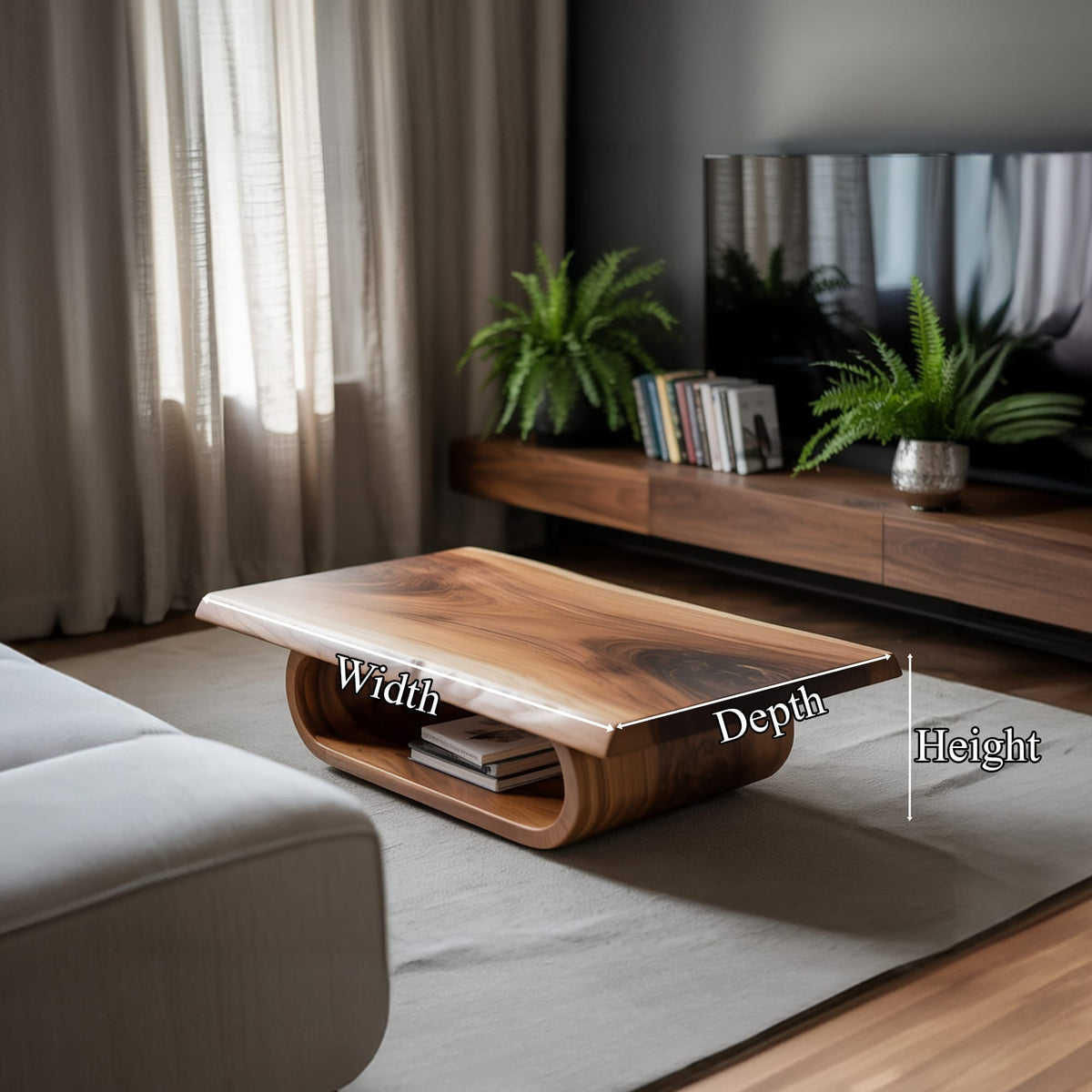 Mid Century Curved Edge Coffee Table Living Room, solid wood, built to order
