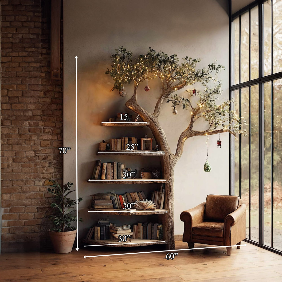 Rustic Branch Bookshelf Living Room Cozy Space, solid wood, built to order