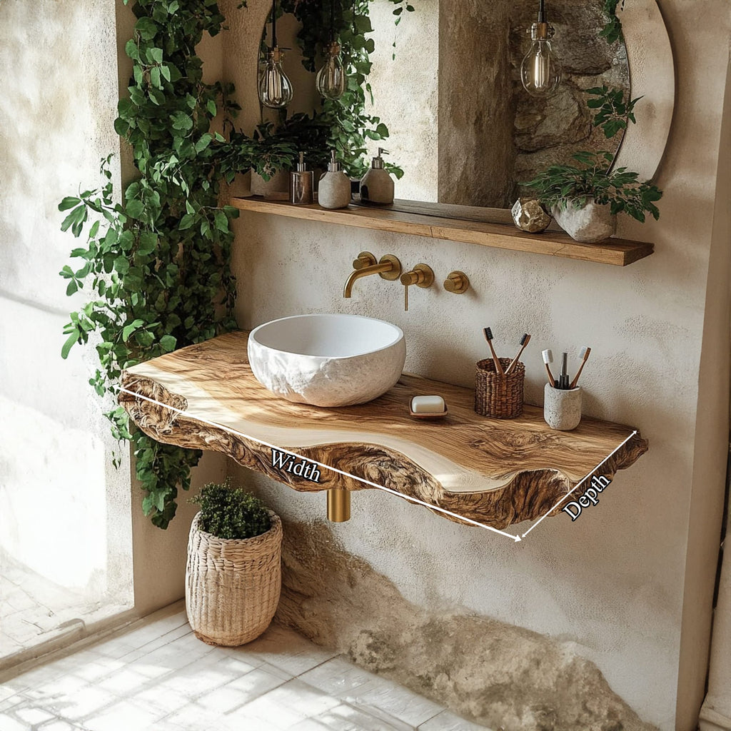 Midcentury Stone Basin Vanity Bathroom, solid wood, built to order