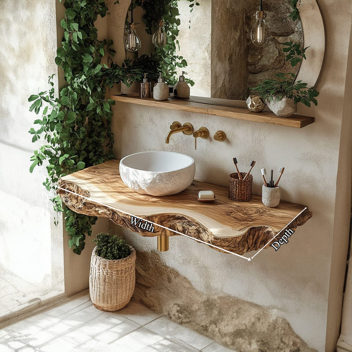 Midcentury Stone Basin Vanity Bathroom, solid wood, built to order