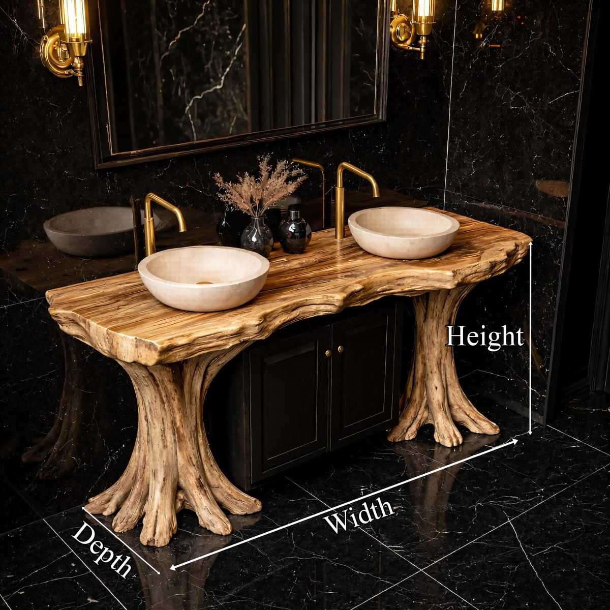 Organic Solid Bathroom Vanity Tree Base Statement Design, solid wood, built to order