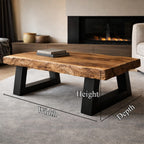 Industrial Live Edge Coffee Table Bold Contrast Black Base Living Room Interior, solid wood, built to order