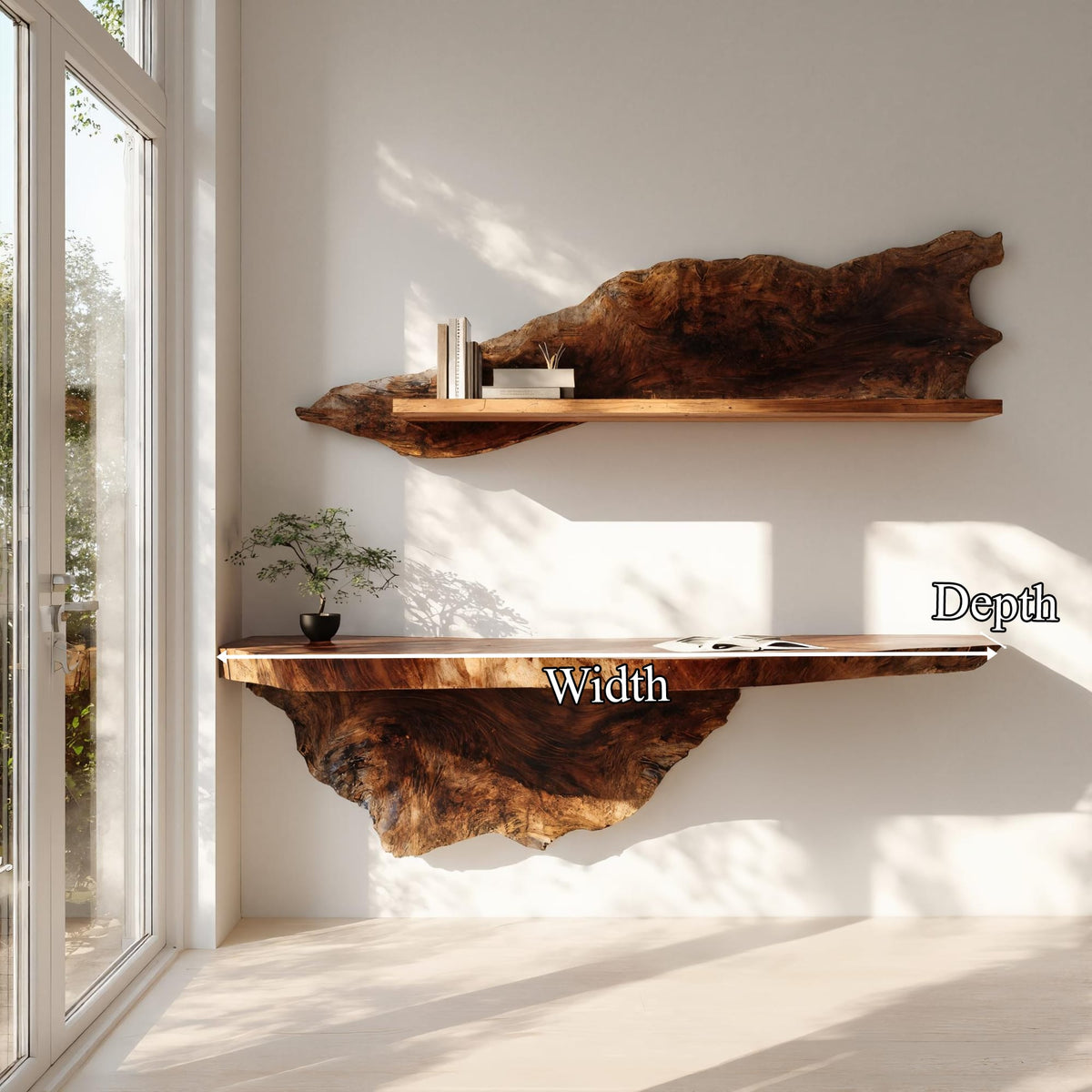 Organic Live Edge Solid Floating Desk Workspace Interior, solid wood, built to order