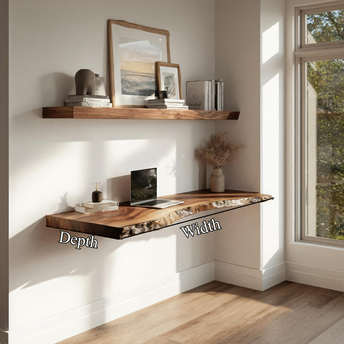 Live Edge Solid Floating Desk Window Side Workspace Interior, solid wood, built to order