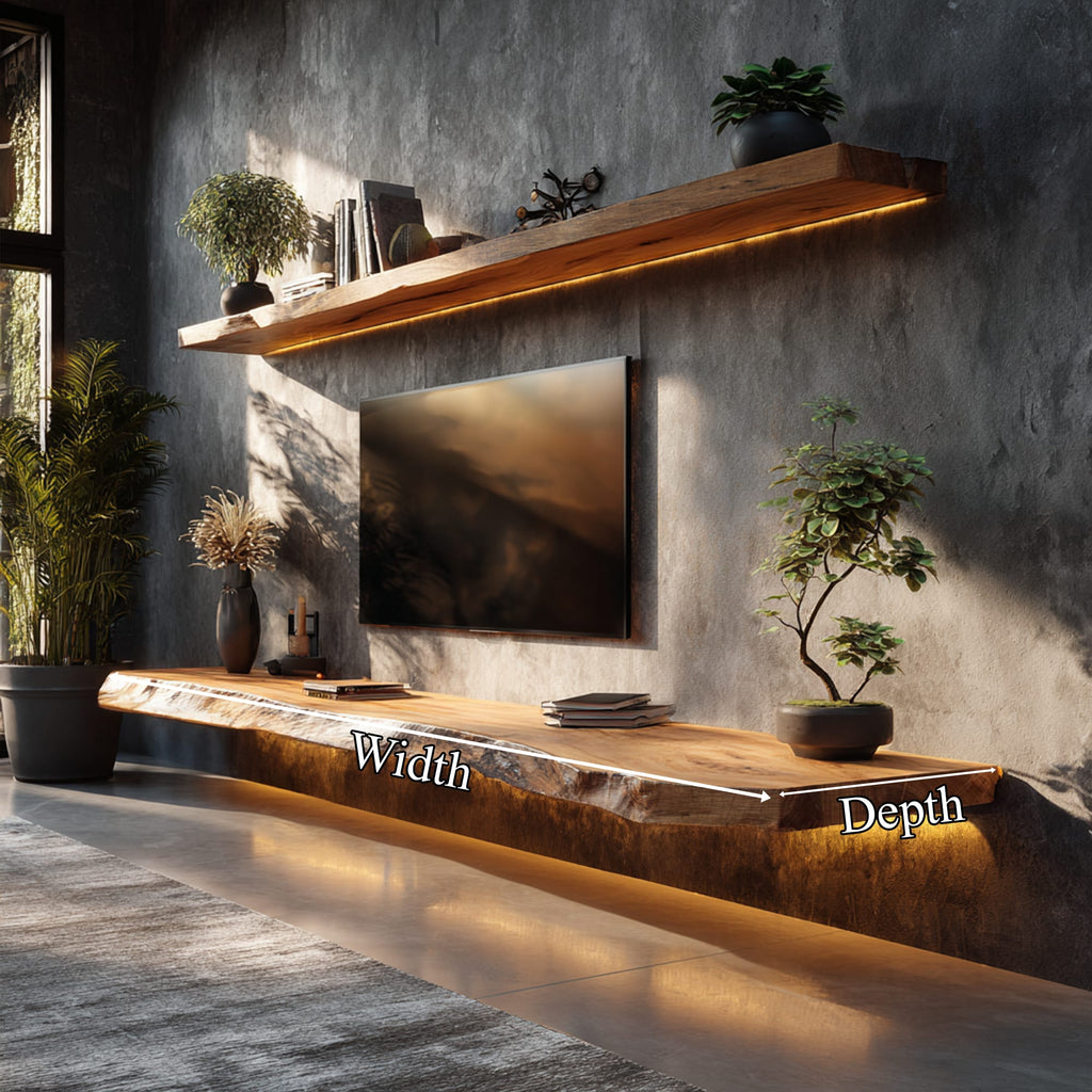 Handcrafted Live Edge Media Shelf Living Room Interior Architectural Feature, solid wood, built to order