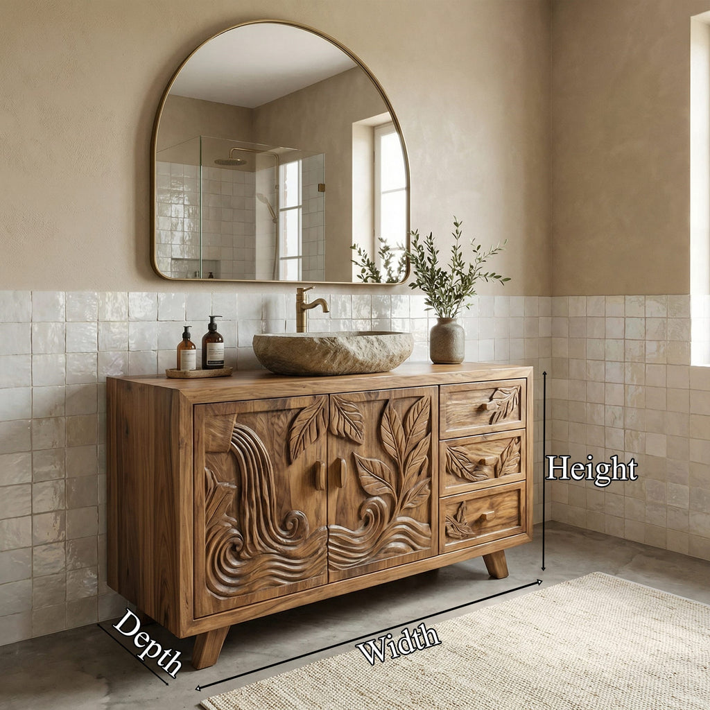 Bohemian Solid Bathroom Vanity Leaf Carved Storage Cabinet, solid wood, built to order