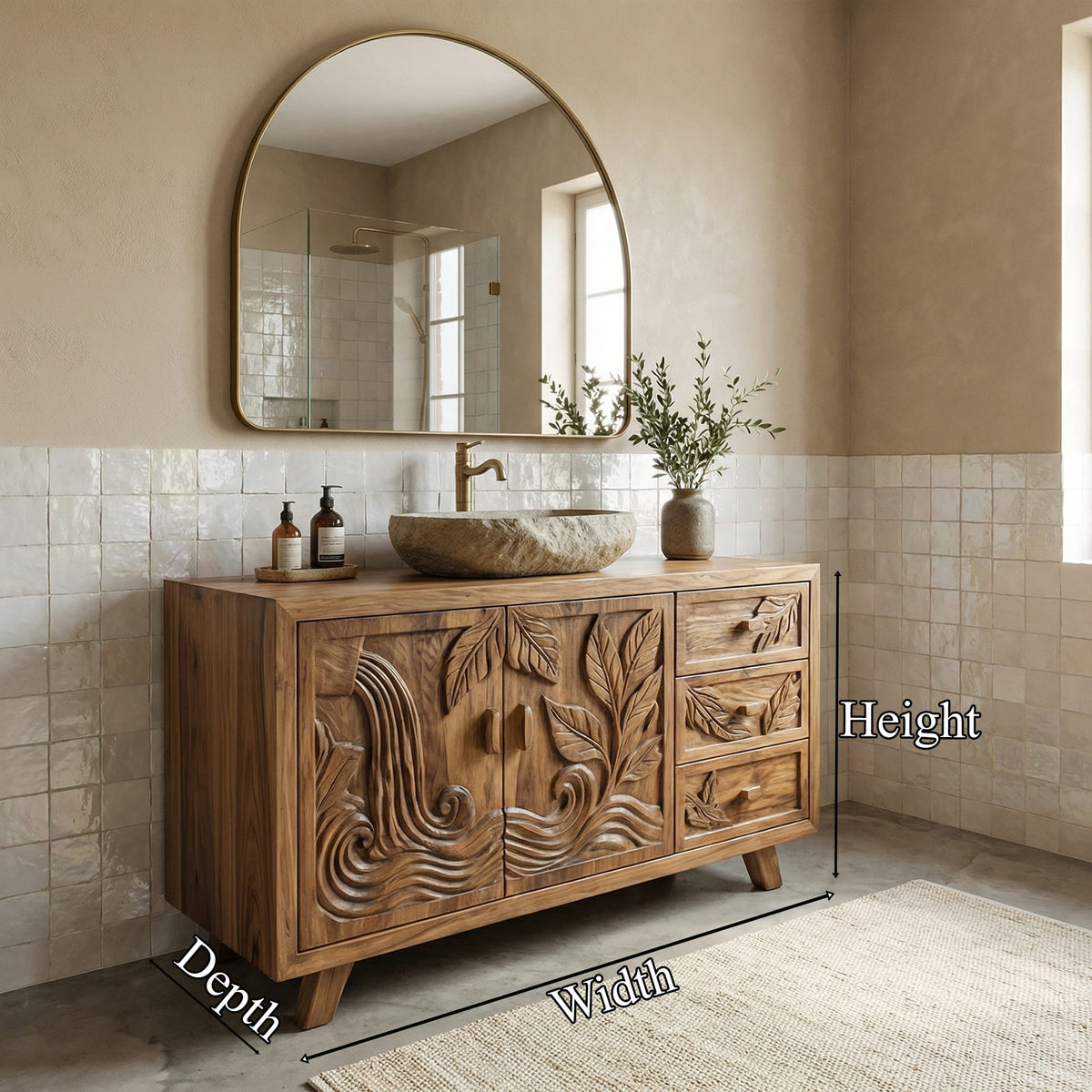 Bohemian Solid Bathroom Vanity Leaf Carved Storage Cabinet, solid wood, built to order