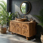 Tropical Floral Carved Solid Bathroom Vanity Freestanding Cabinet, solid wood, built to order