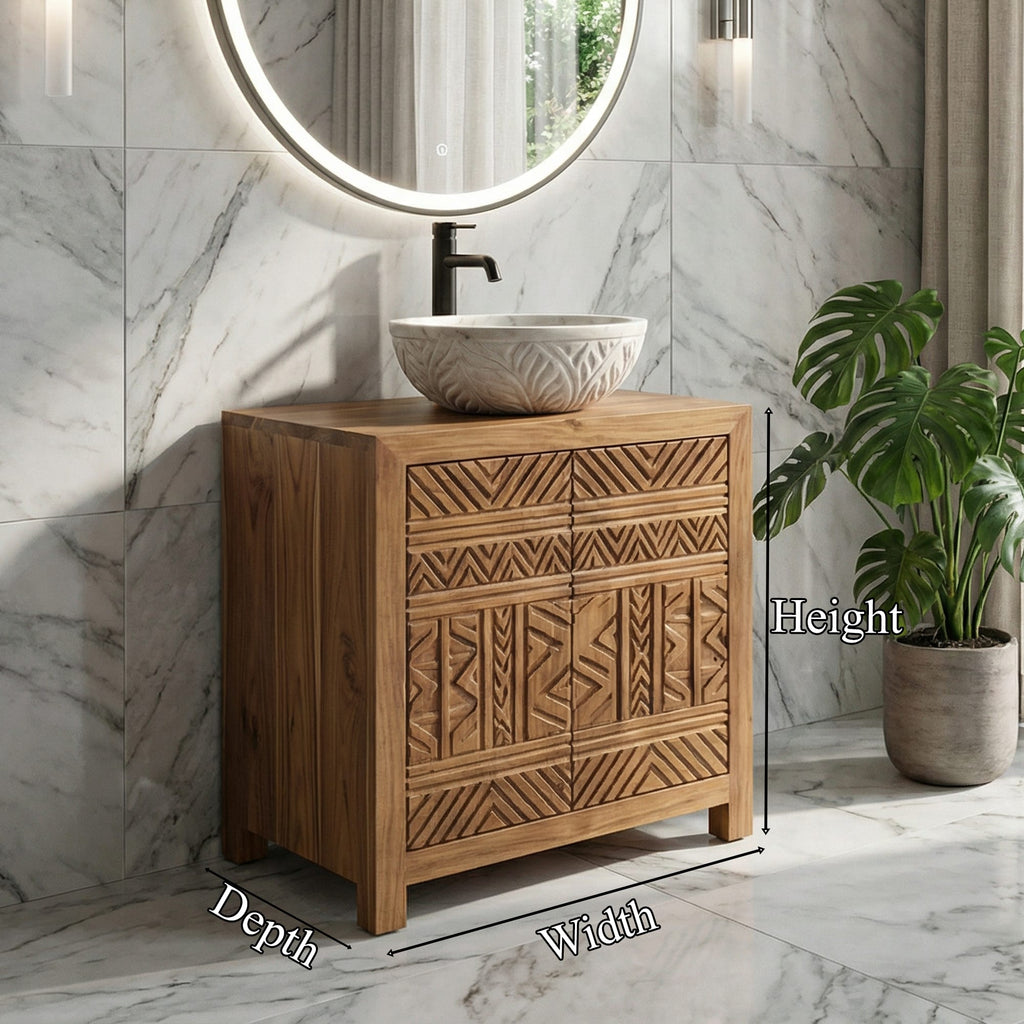 Tribal Geometric Solid Bathroom Vanity Compact Storage Cabinet, solid wood, built to order