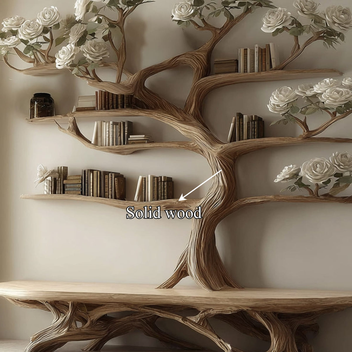 Rustic Tree Shelf Study Room, solid wood, built to order