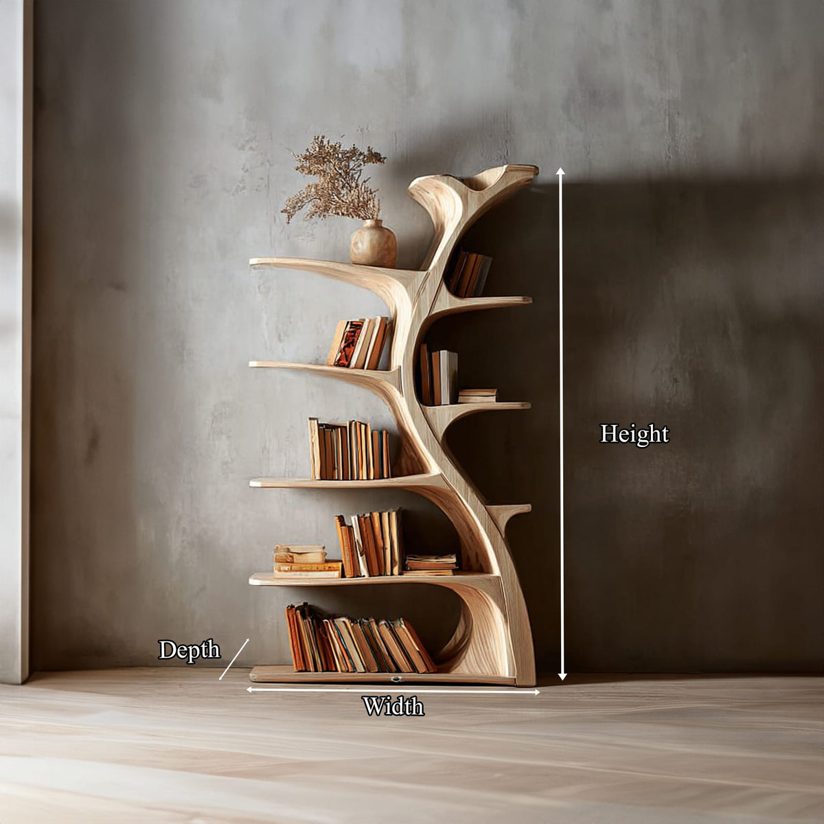 Midcentury Tree Wall Bookcase Home Office, solid wood, built to order