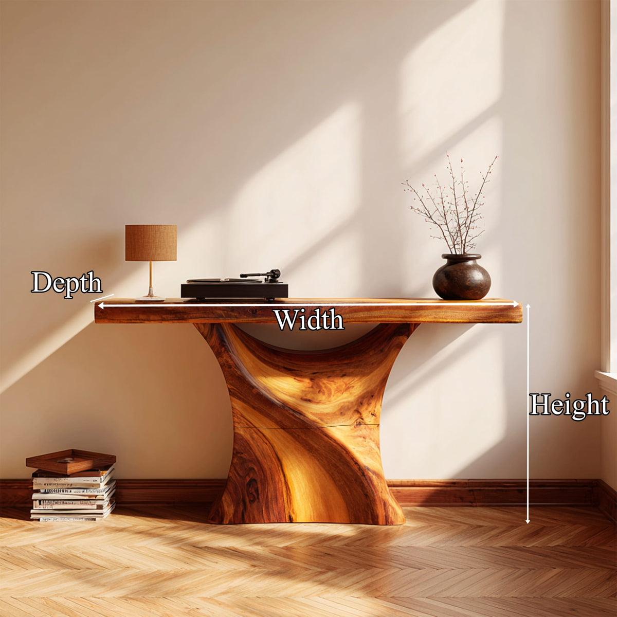 Mid Century Console Table Organic Wood Slab Foyer, solid wood, built to order