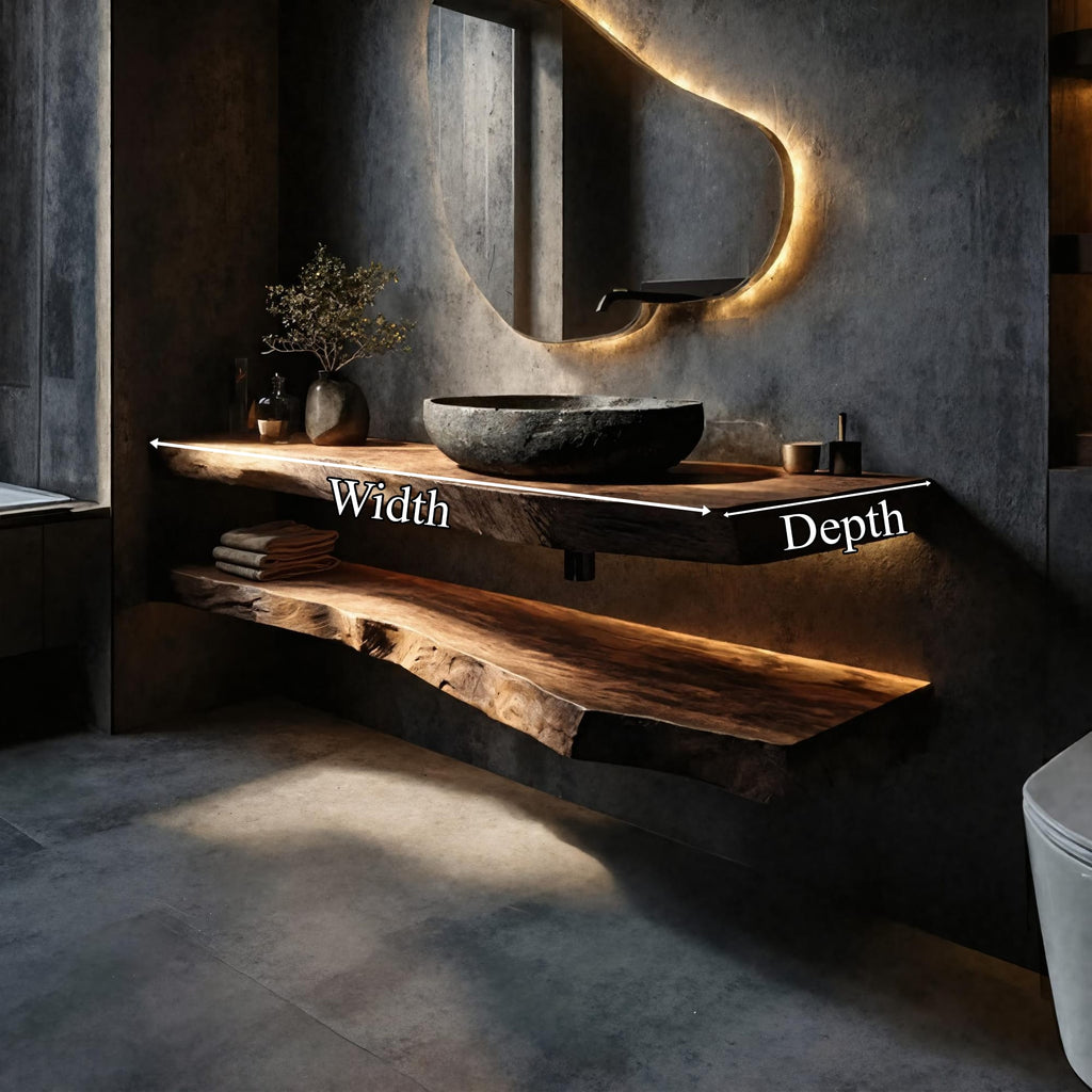 Rustic Bathroom Vanity Floating Live Edge Counter Shelf, solid wood, built to order