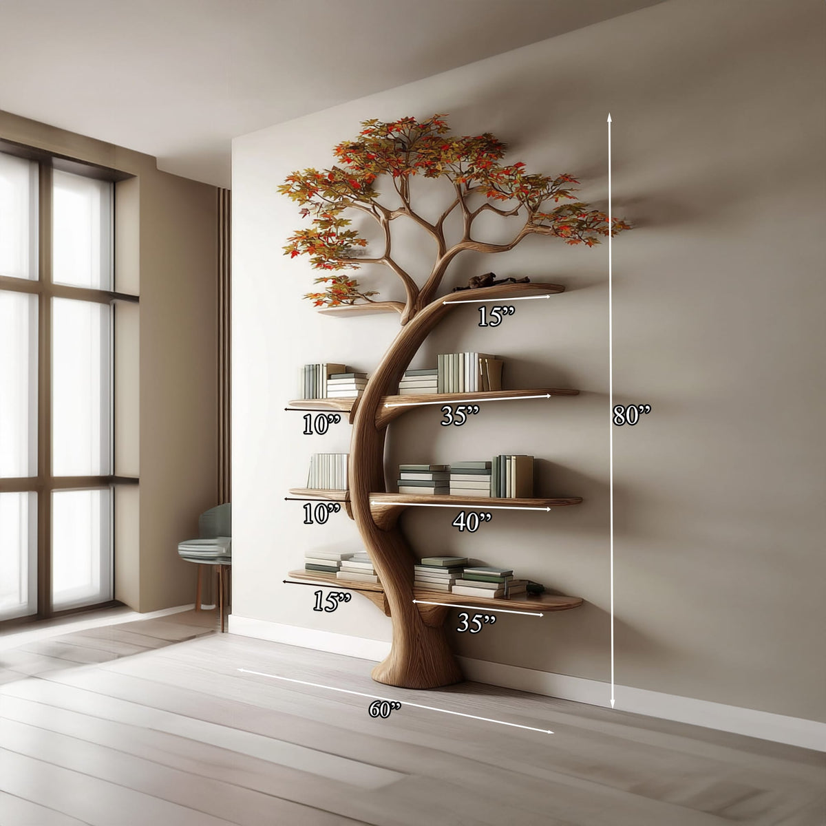 Midcentury Tree Wall Bookcase Study Room, solid wood, built to order