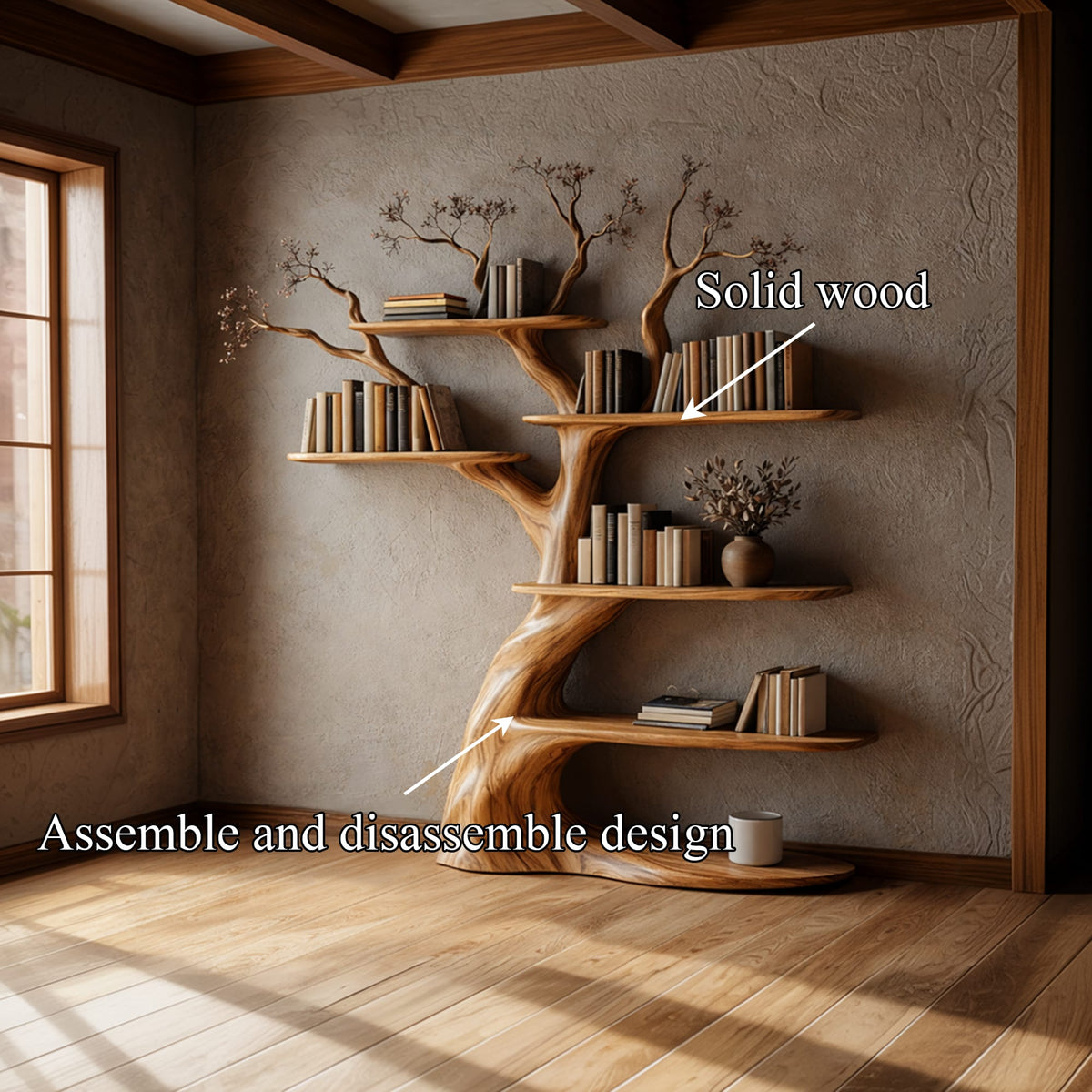 Artisan Tree Inspired Wood Bookshelf, solid wood, built to order