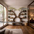 Rustic Twin Tree Bookshelf with Bench Living Room Interior Centerpiece, solid wood, built to order