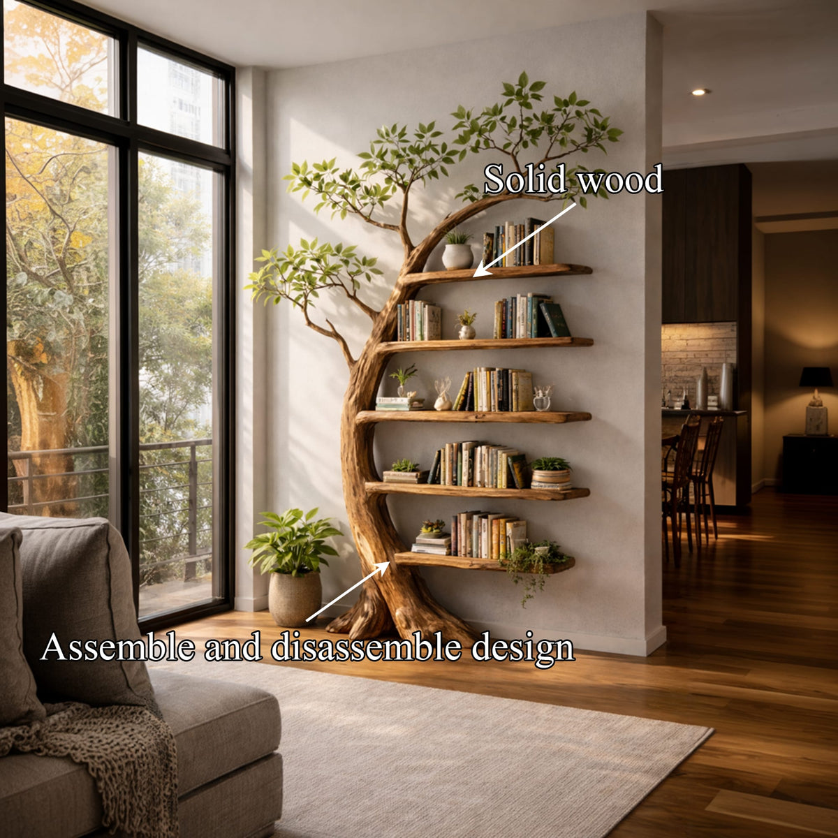 Handcrafted Tree Storage Bookcase Living Room, solid wood, built to order