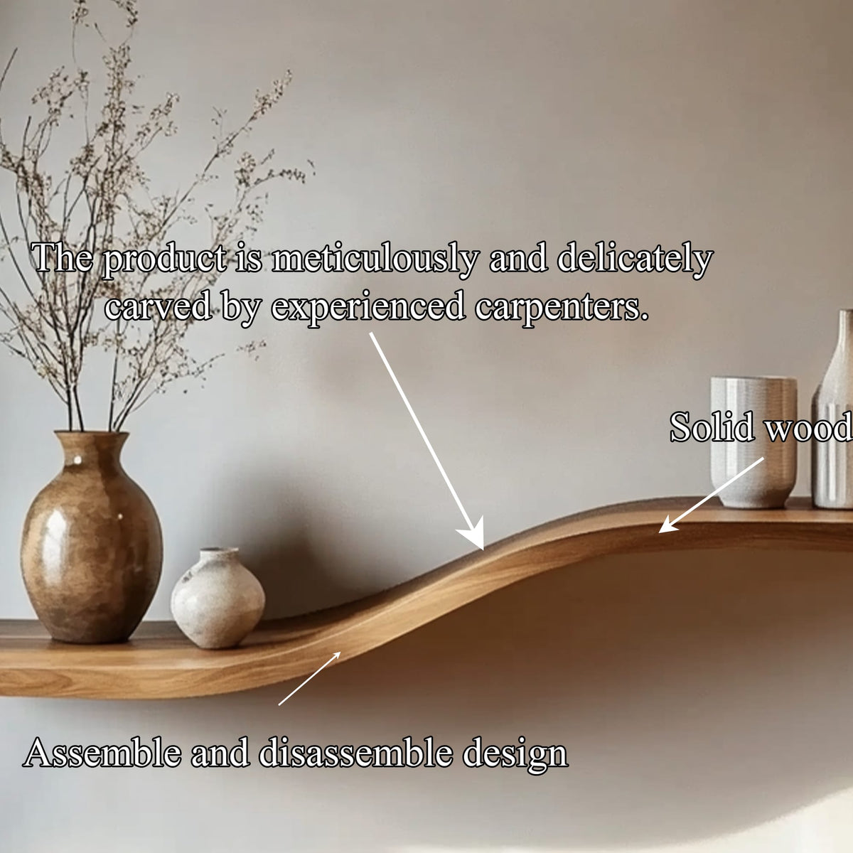 Curved Solid Wall Shelf Minimal Organic Interior Decor, solid wood, built to order