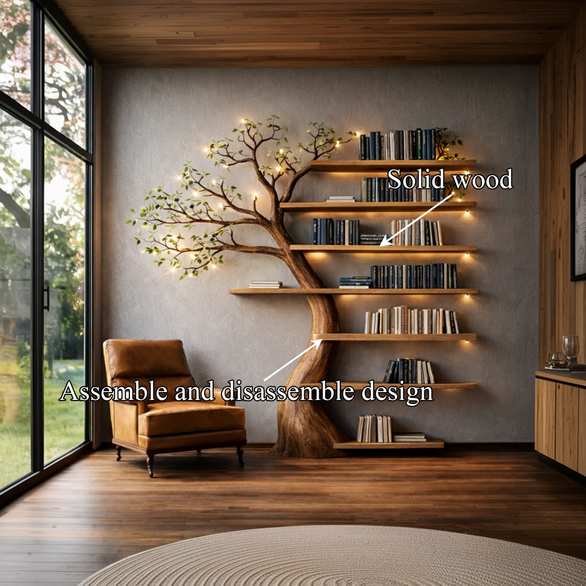 Handcrafted Tree Bookshelf Living Room Interior Sculptural Wall Display, solid wood, built to order