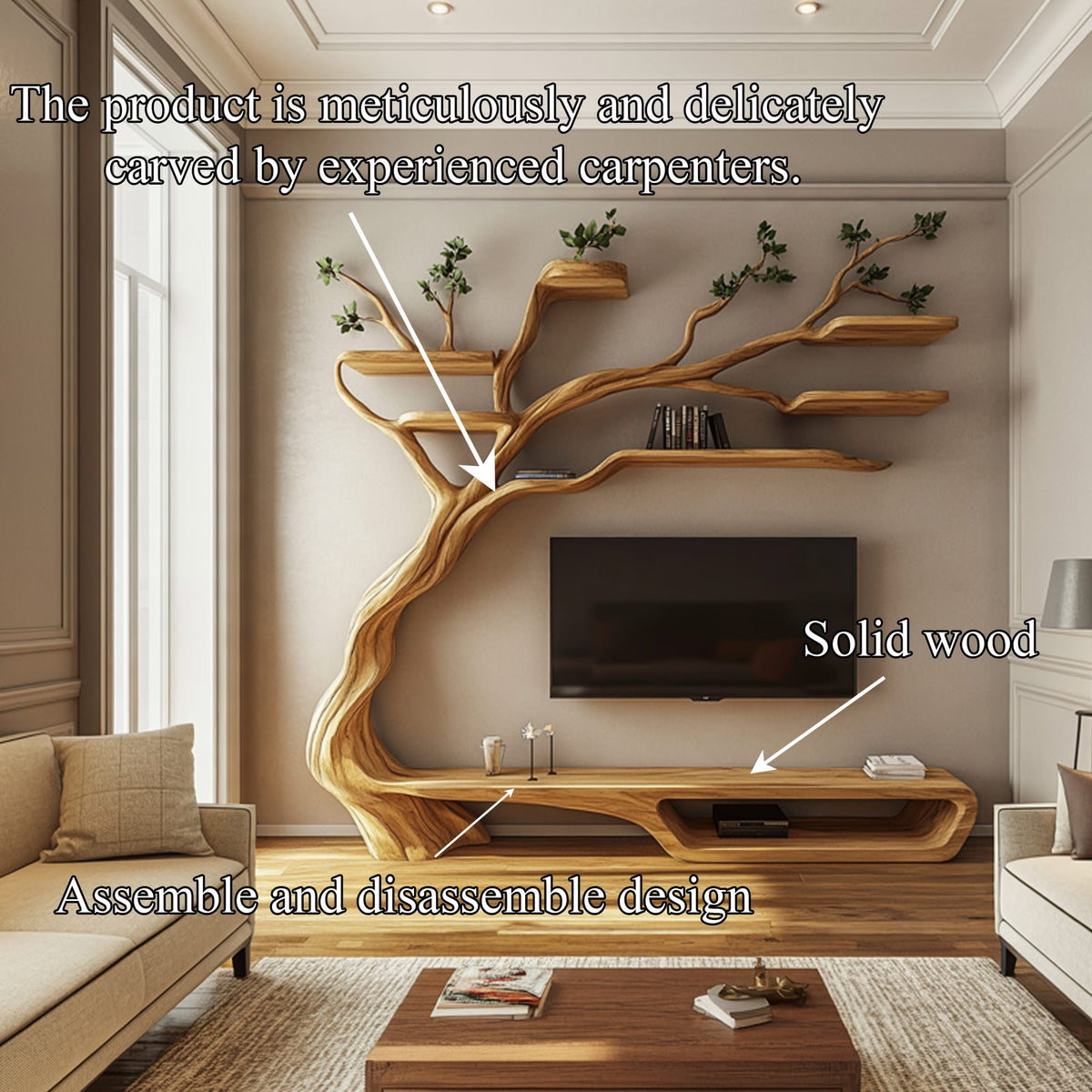 Rustic Branch Storage Shelf Living Room Interior Decor, solid wood, built to order