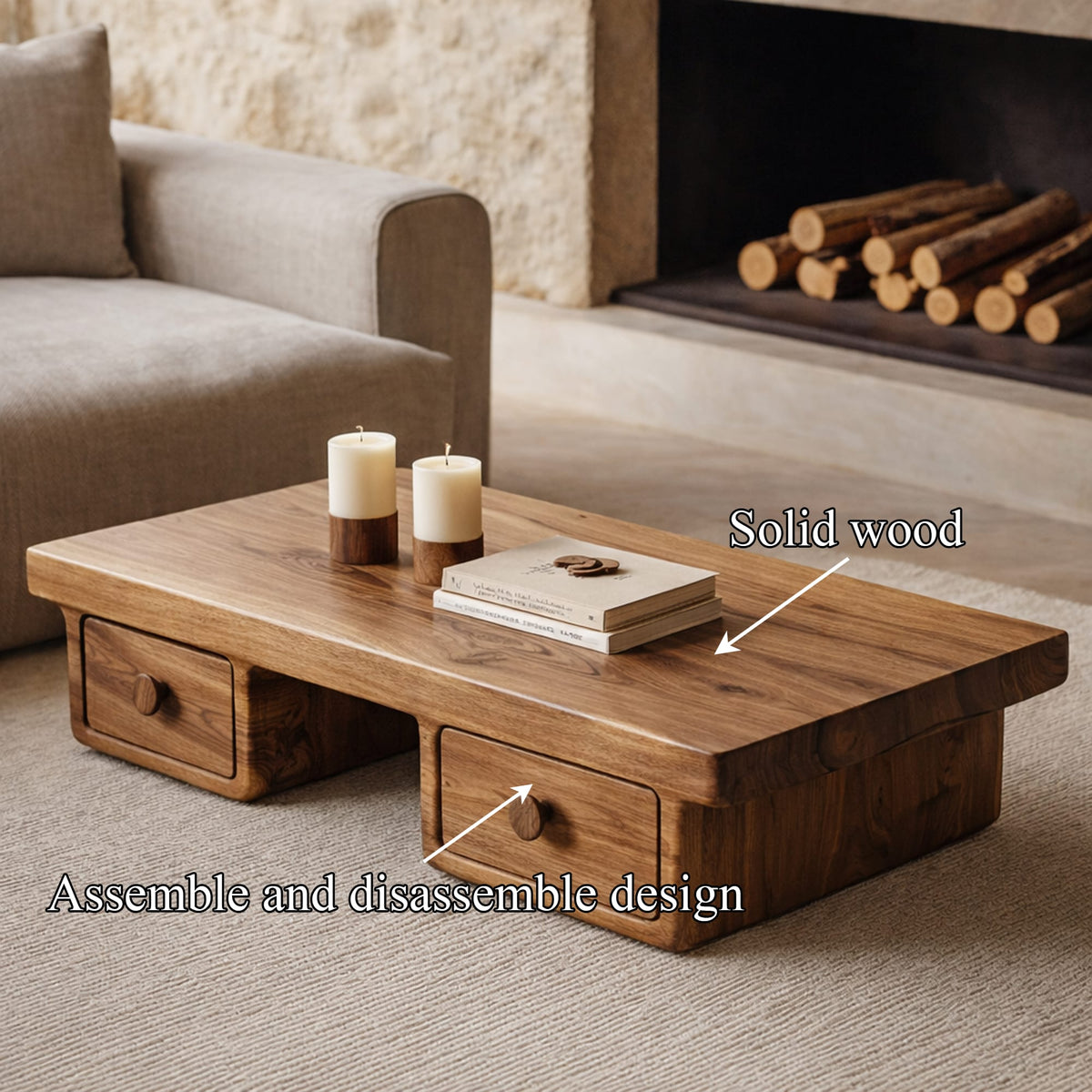 Compact Storage Solid Coffee Table Cozy Living Room Interior, solid wood, built to order