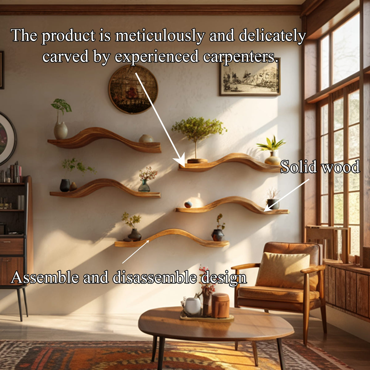 Curved Solid Floating Shelves Organic Living Room Interior, solid wood, built to order