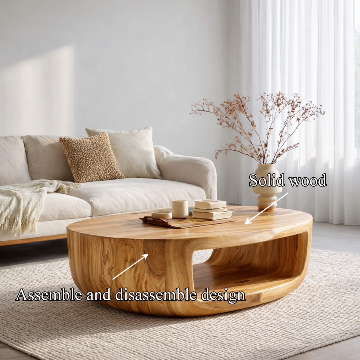 Curved Shell Solid Coffee Table Calm Living Room Interior, solid wood, built to order