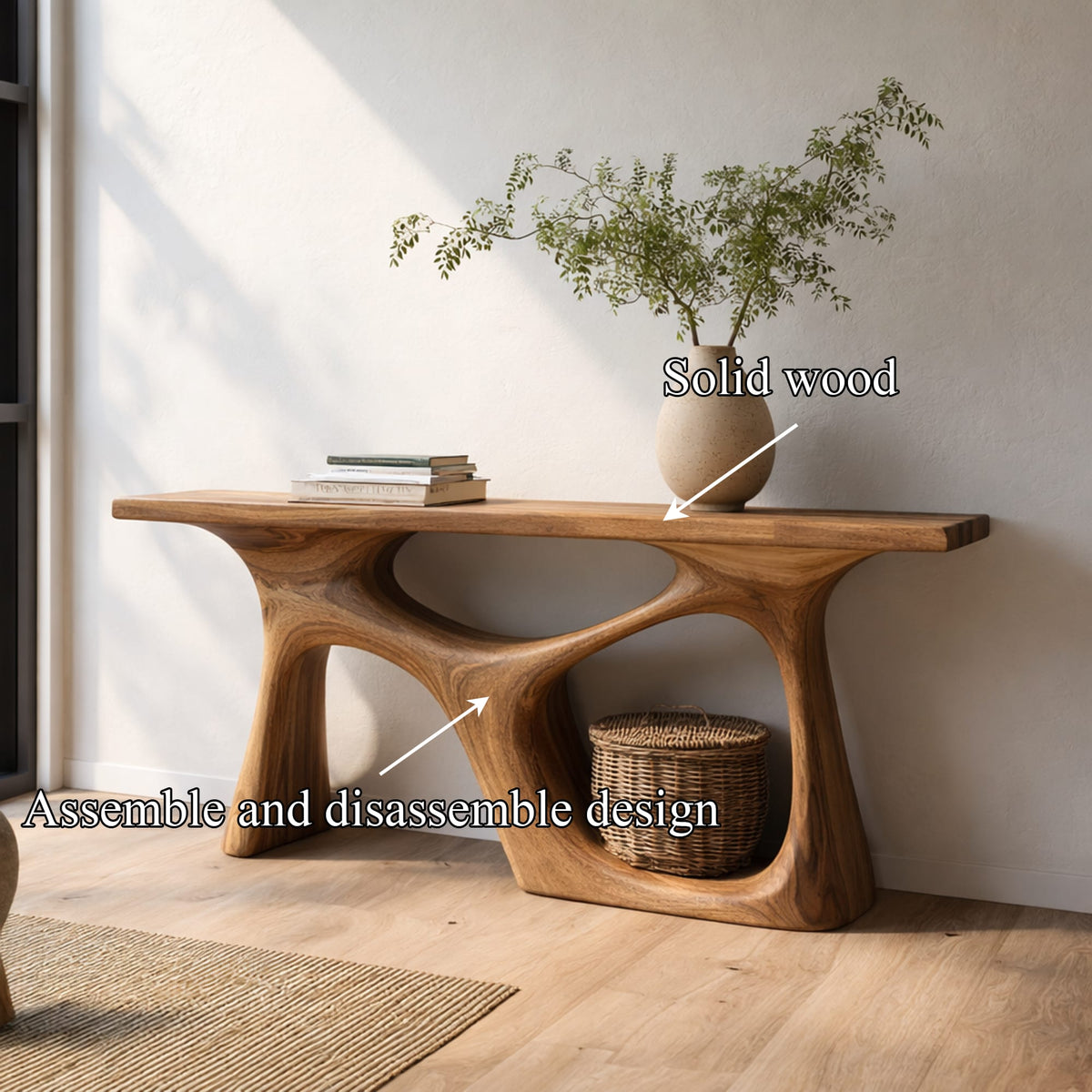 Organic Modern Console Table Sculptural Design, solid wood, built to order