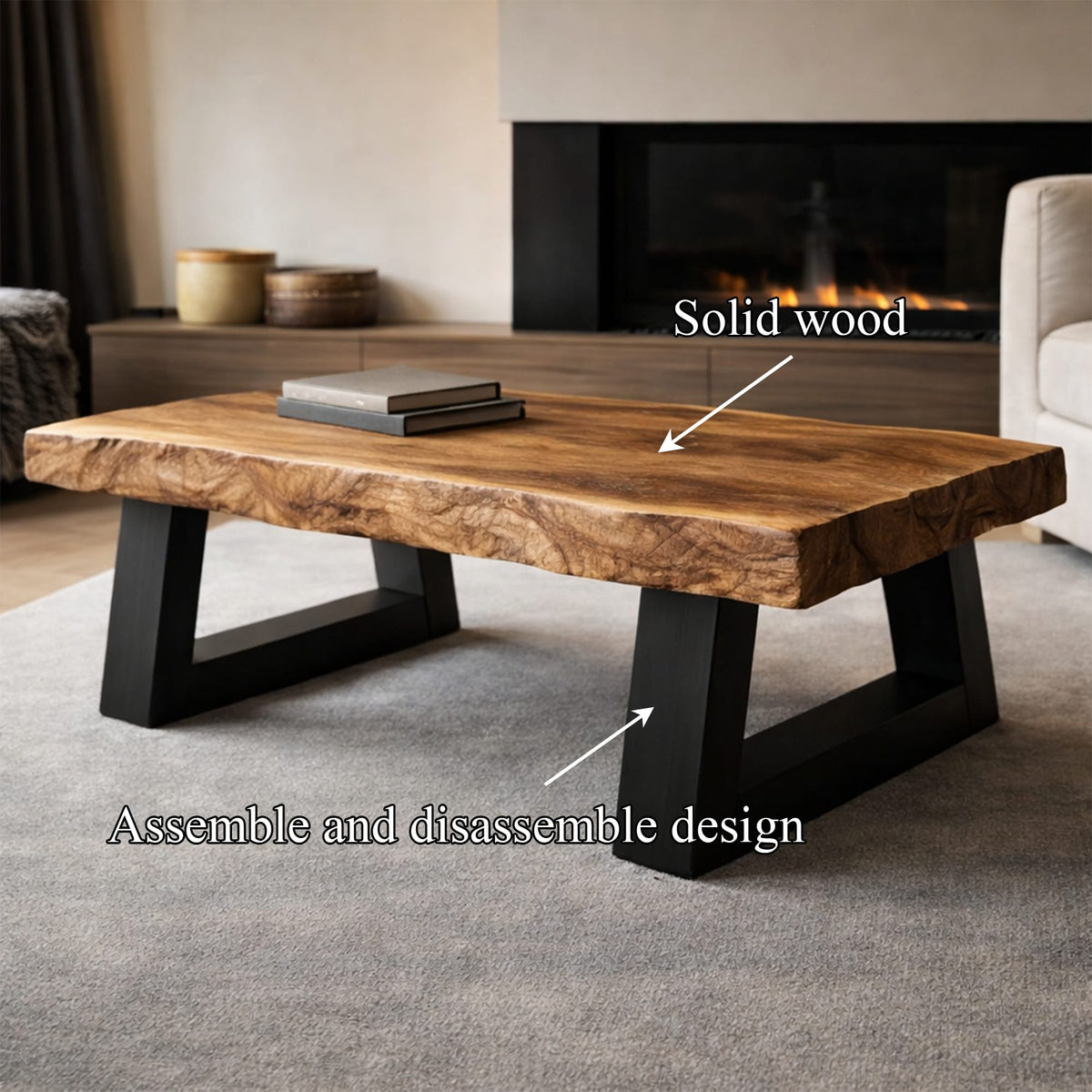 Industrial Live Edge Coffee Table Bold Contrast Black Base Living Room Interior, solid wood, built to order