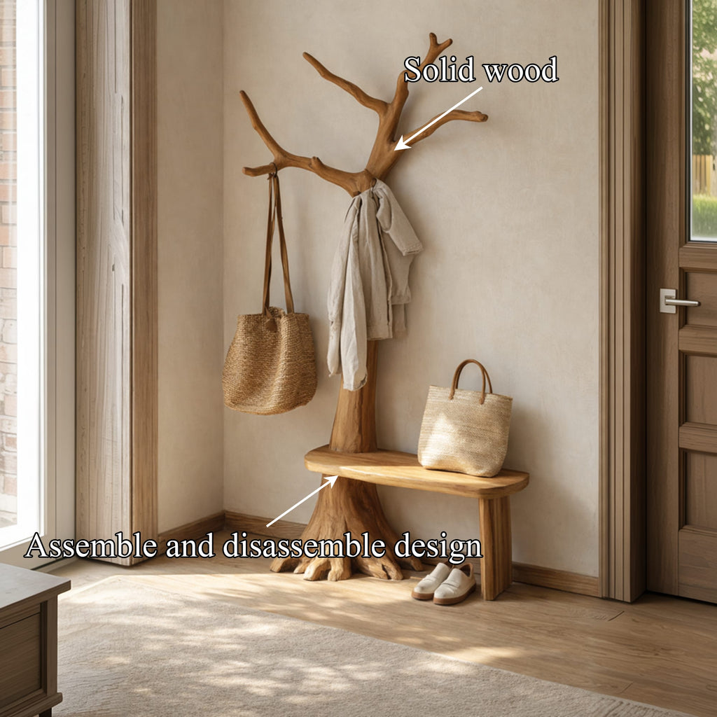 Rustic Tree Coat Stand Bench Entryway Interior Signature Furniture, solid wood, built to order