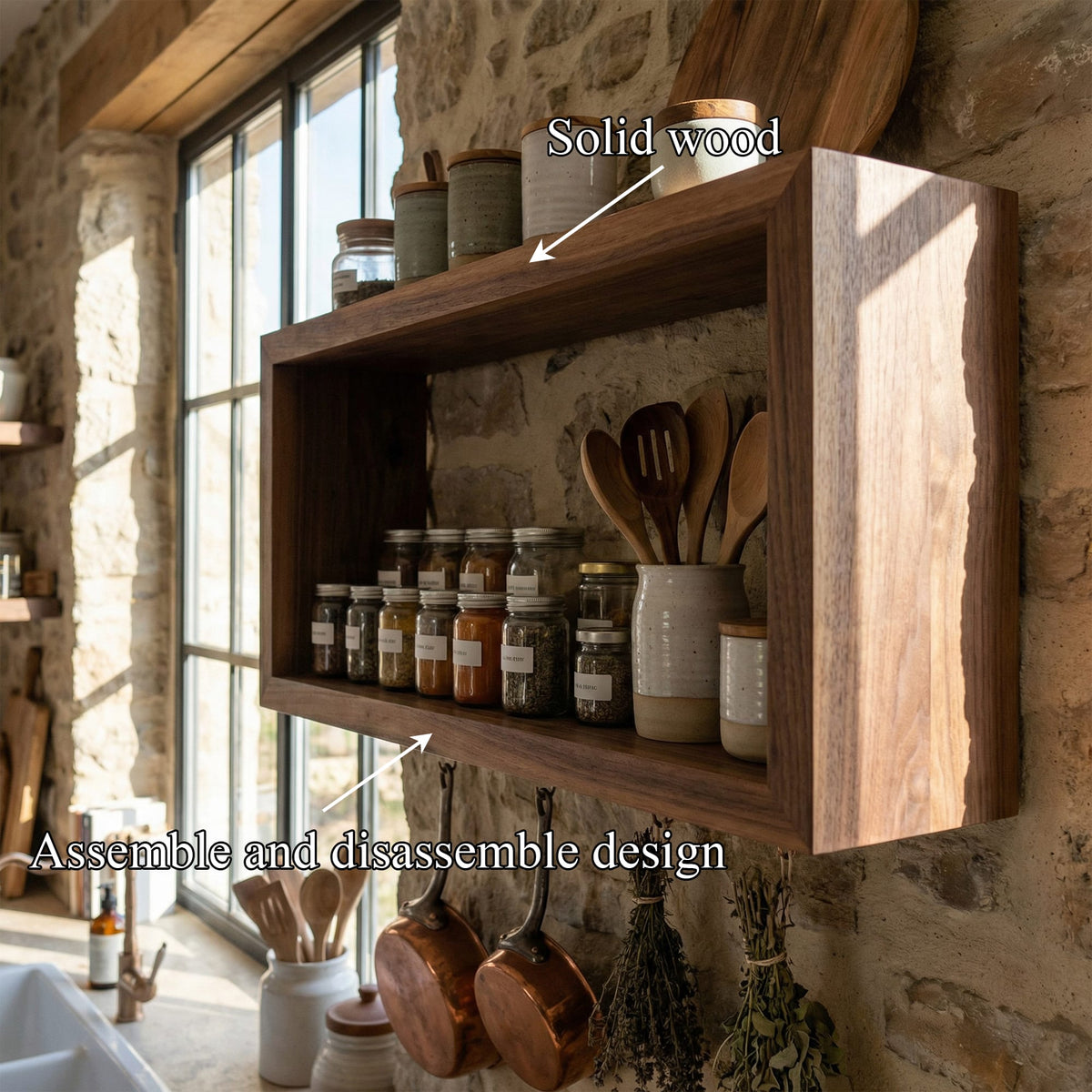 Rustic Box Style Kitchen Wall Shelf Display Unit, solid wood, built to order
