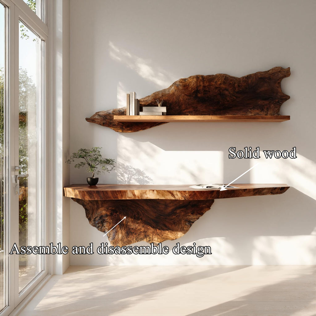 Organic Live Edge Solid Floating Desk Workspace Interior, solid wood, built to order