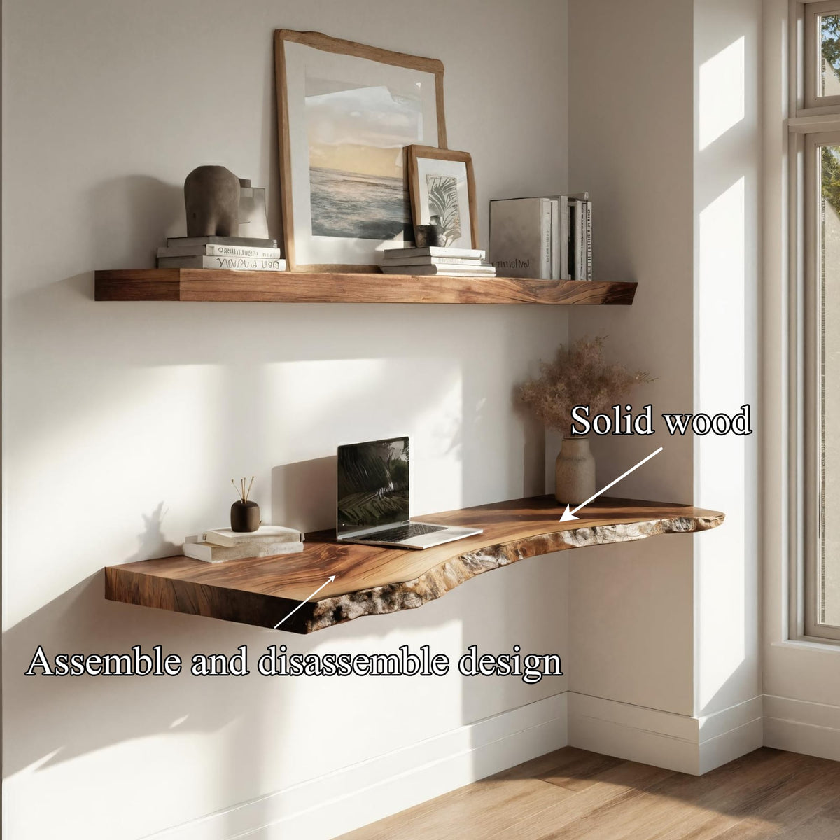 Live Edge Solid Floating Desk Window Side Workspace Interior, solid wood, built to order