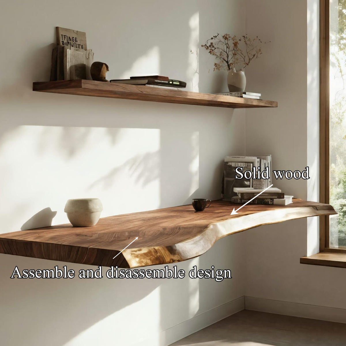 Handcrafted Live Edge Floating Work Desk Corner Workspace, solid wood, built to order