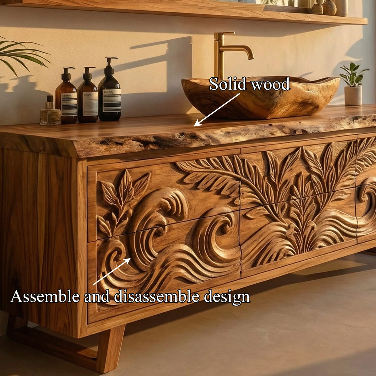 Tropical Hand Carved Solid Bathroom Vanity Statement Cabinet, solid wood, built to order