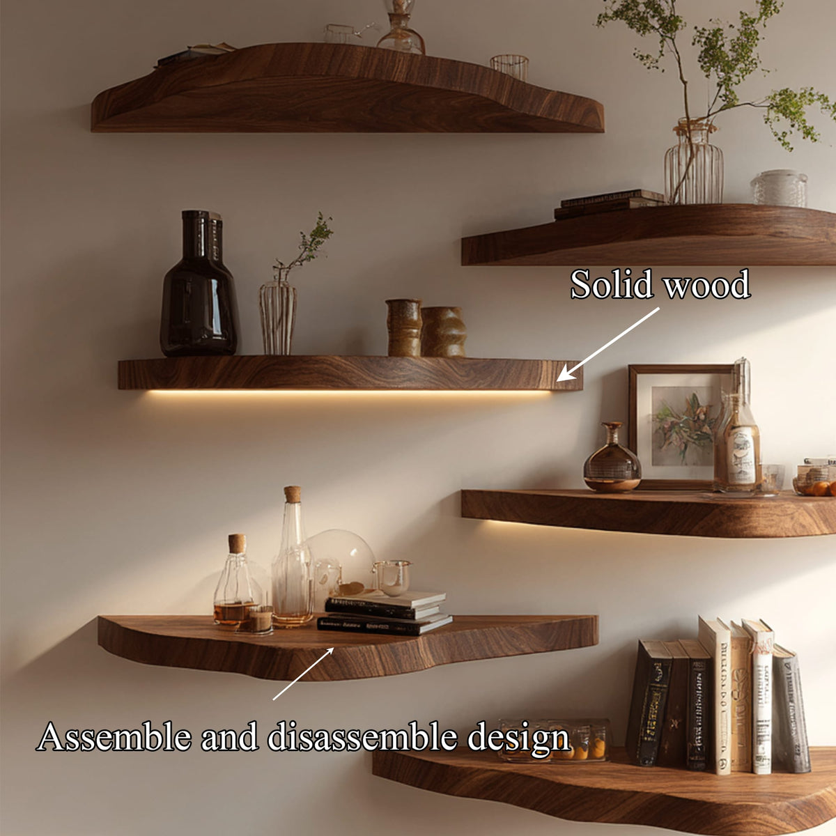 Asymmetrical Solid Floating Shelves Organic Wall Display Interior Decor, solid wood, built to order